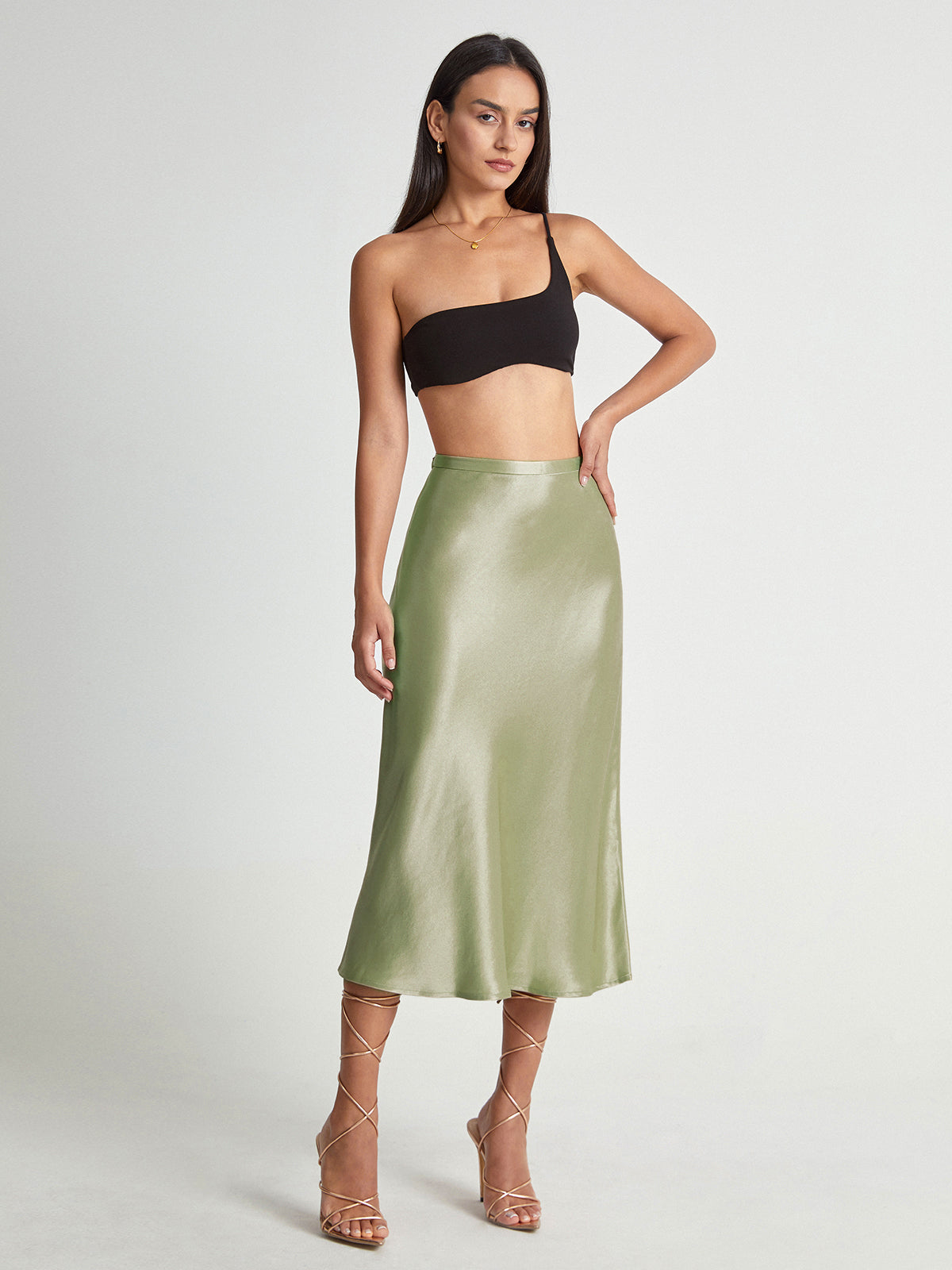 Crown Elara™ | High Waisted Satin Midi Skirt