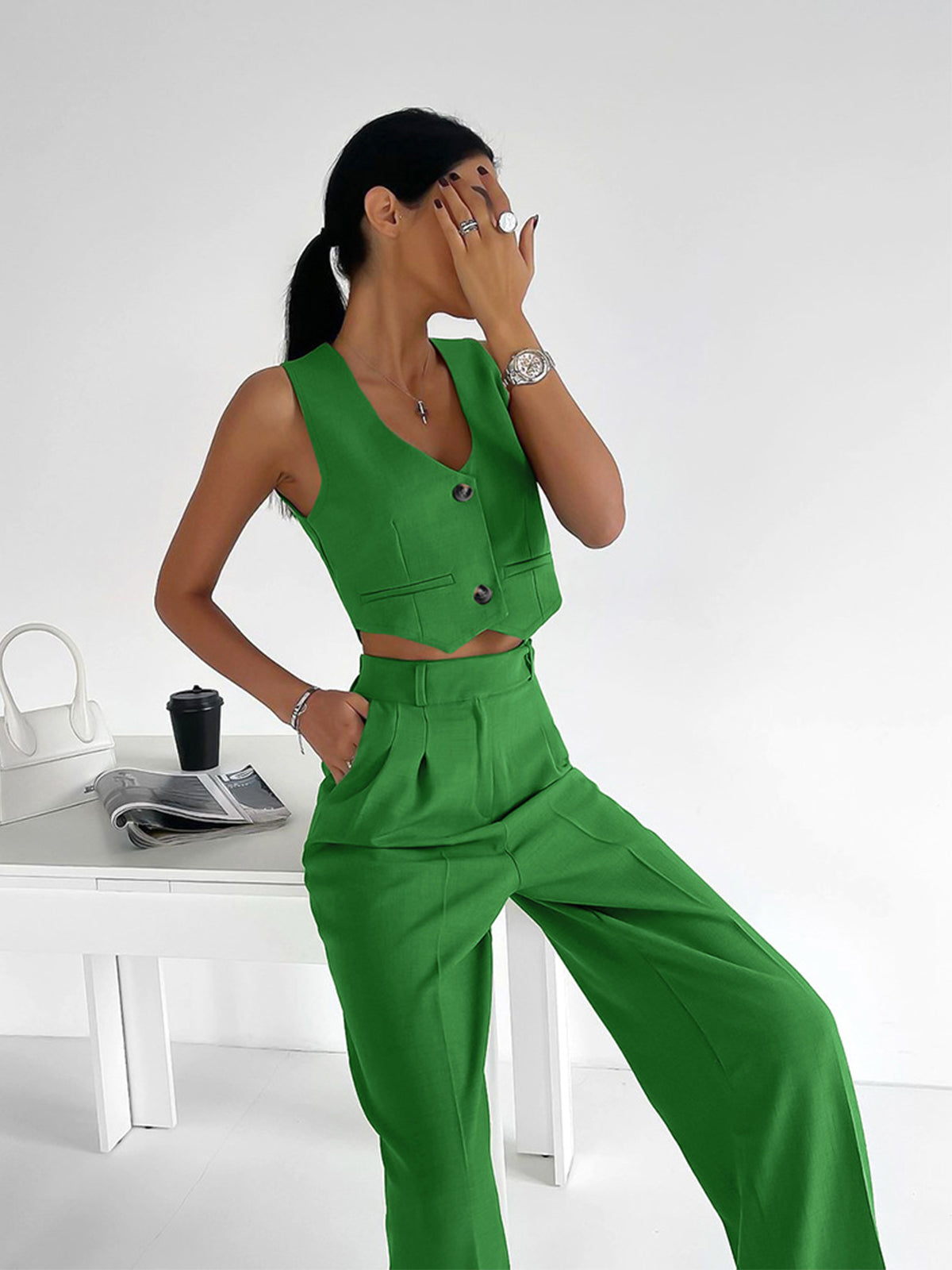 Crown Elara™ | Solid Button Front Waistcoat And Trousers Set