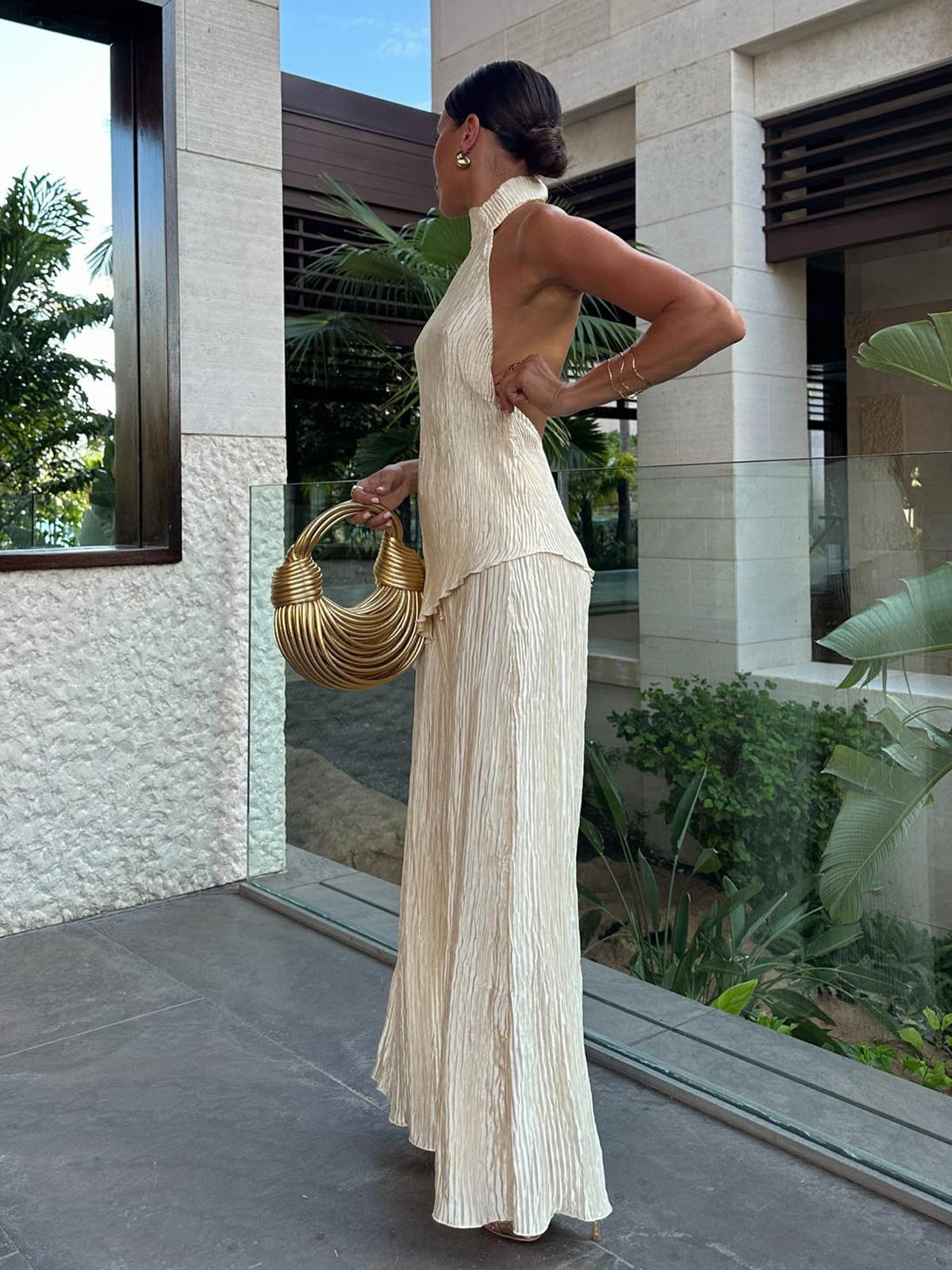 Crown Elara™ | Asymmetric Halter Crop Top And Wide Leg Trousers Set