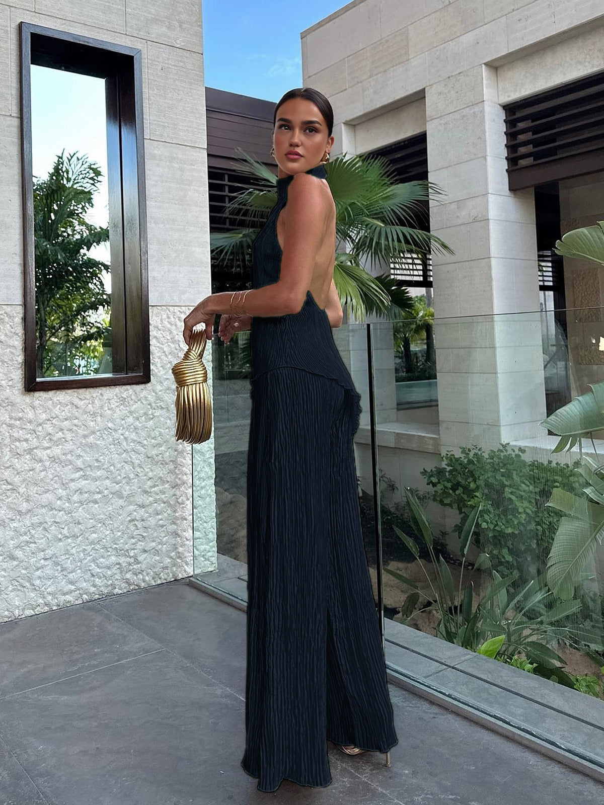 Crown Elara™ | Asymmetric Halter Crop Top And Wide Leg Trousers Set