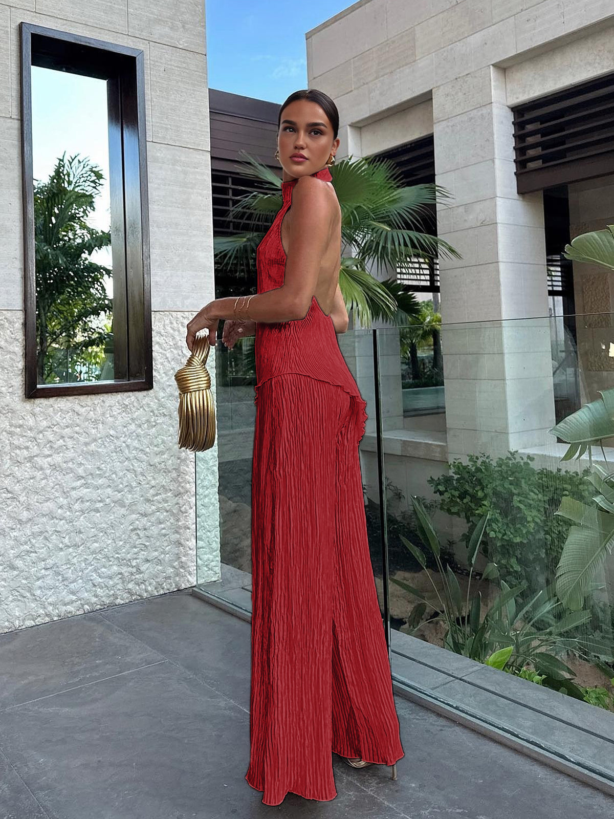 Crown Elara™ | Asymmetric Halter Crop Top And Wide Leg Trousers Set