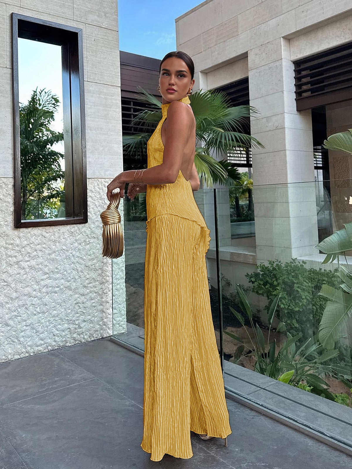 Crown Elara™ | Asymmetric Halter Crop Top And Wide Leg Trousers Set