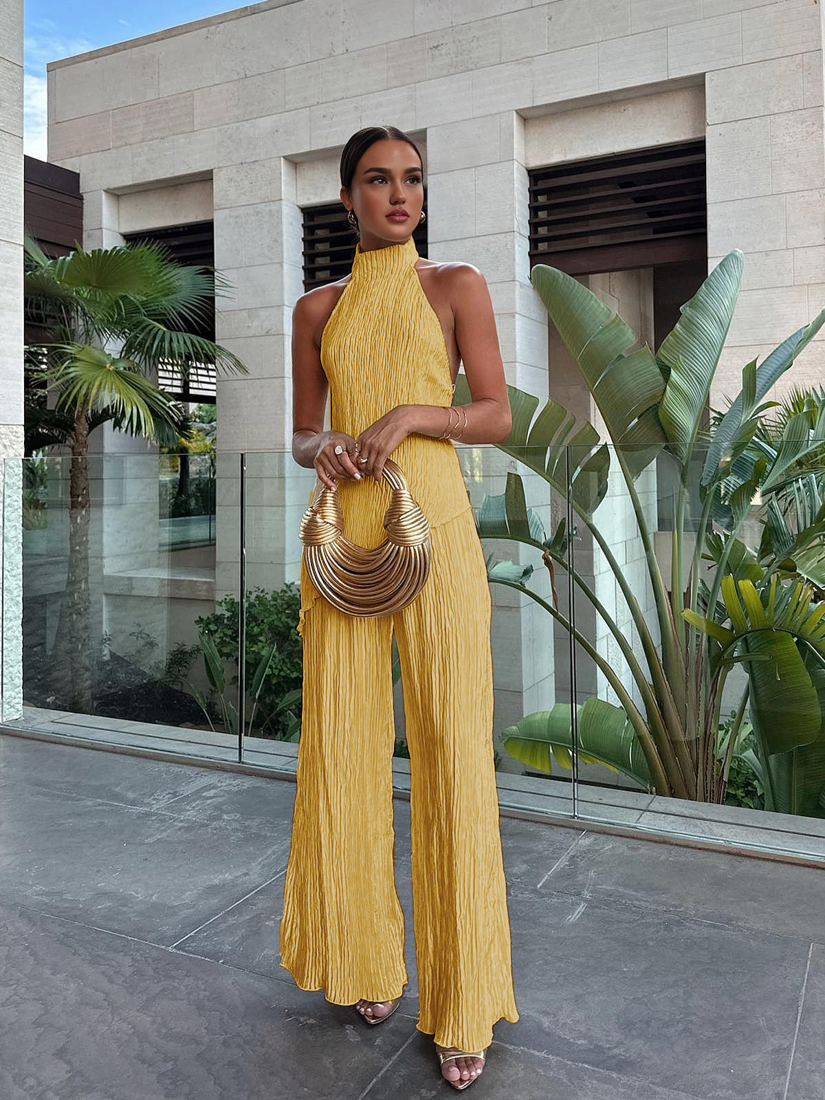 Crown Elara™ | Asymmetric Halter Crop Top And Wide Leg Trousers Set