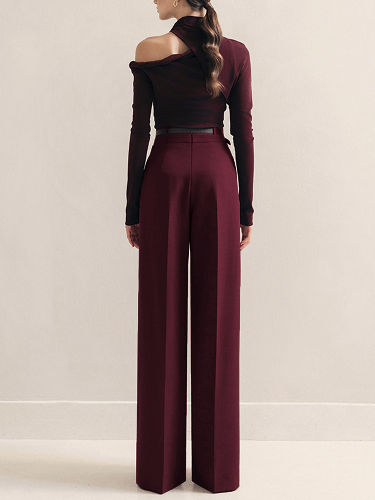 Crown Elara™ | Metal-Belt Pleated High-Waist Trousers
