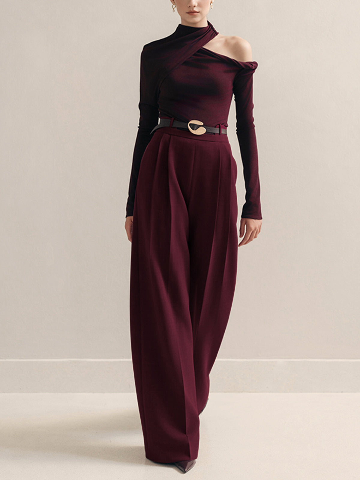 Crown Elara™ | Metal-Belt Pleated High-Waist Trousers