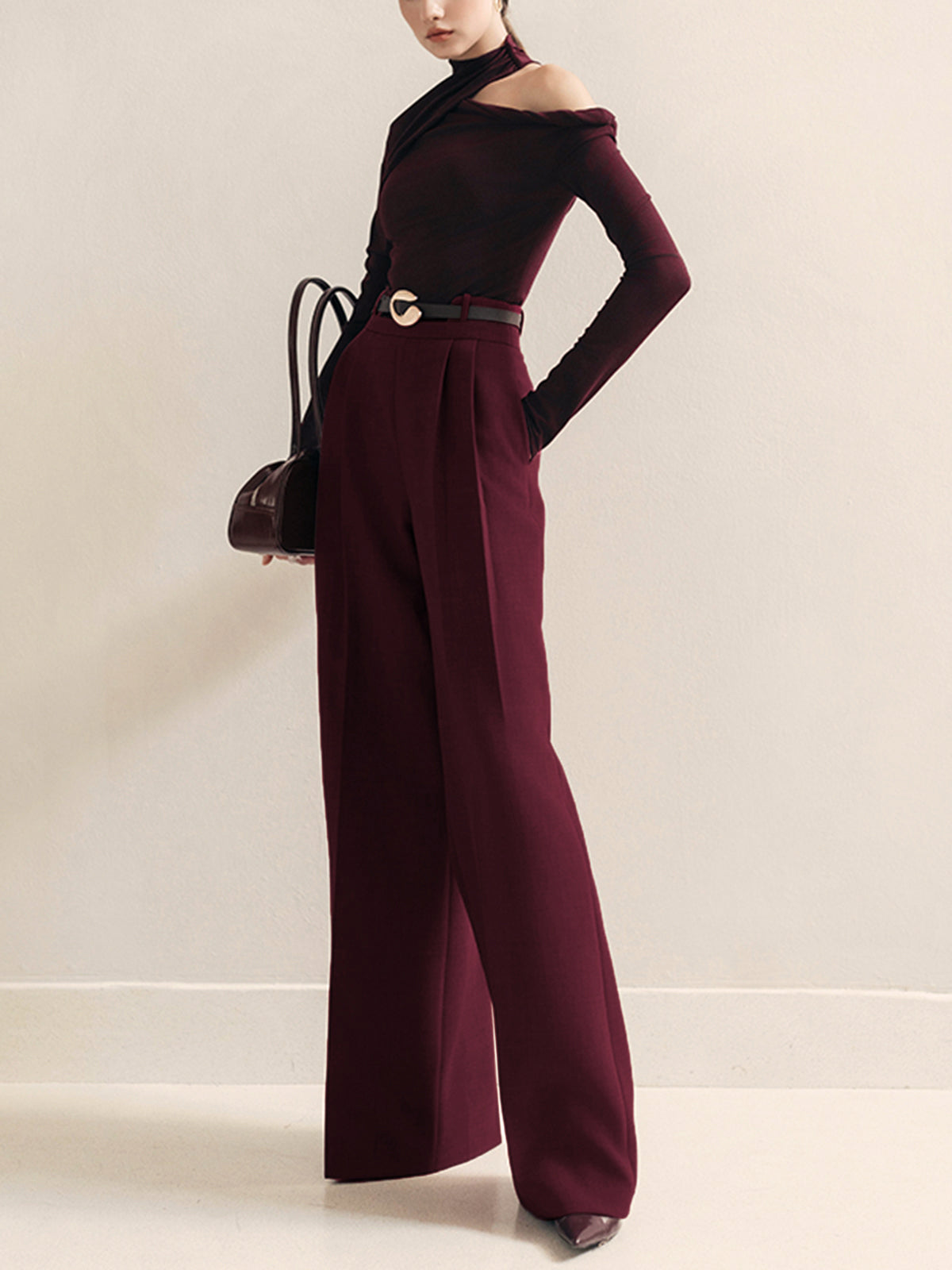 Crown Elara™ | Metal-Belt Pleated High-Waist Trousers