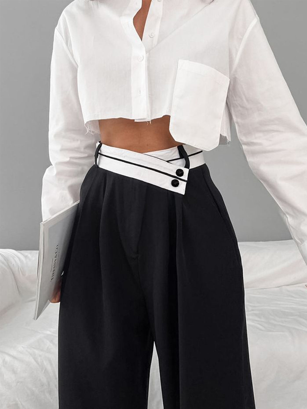 Crown Elara™ | Asymmetrical Waistband Wide Leg Trousers