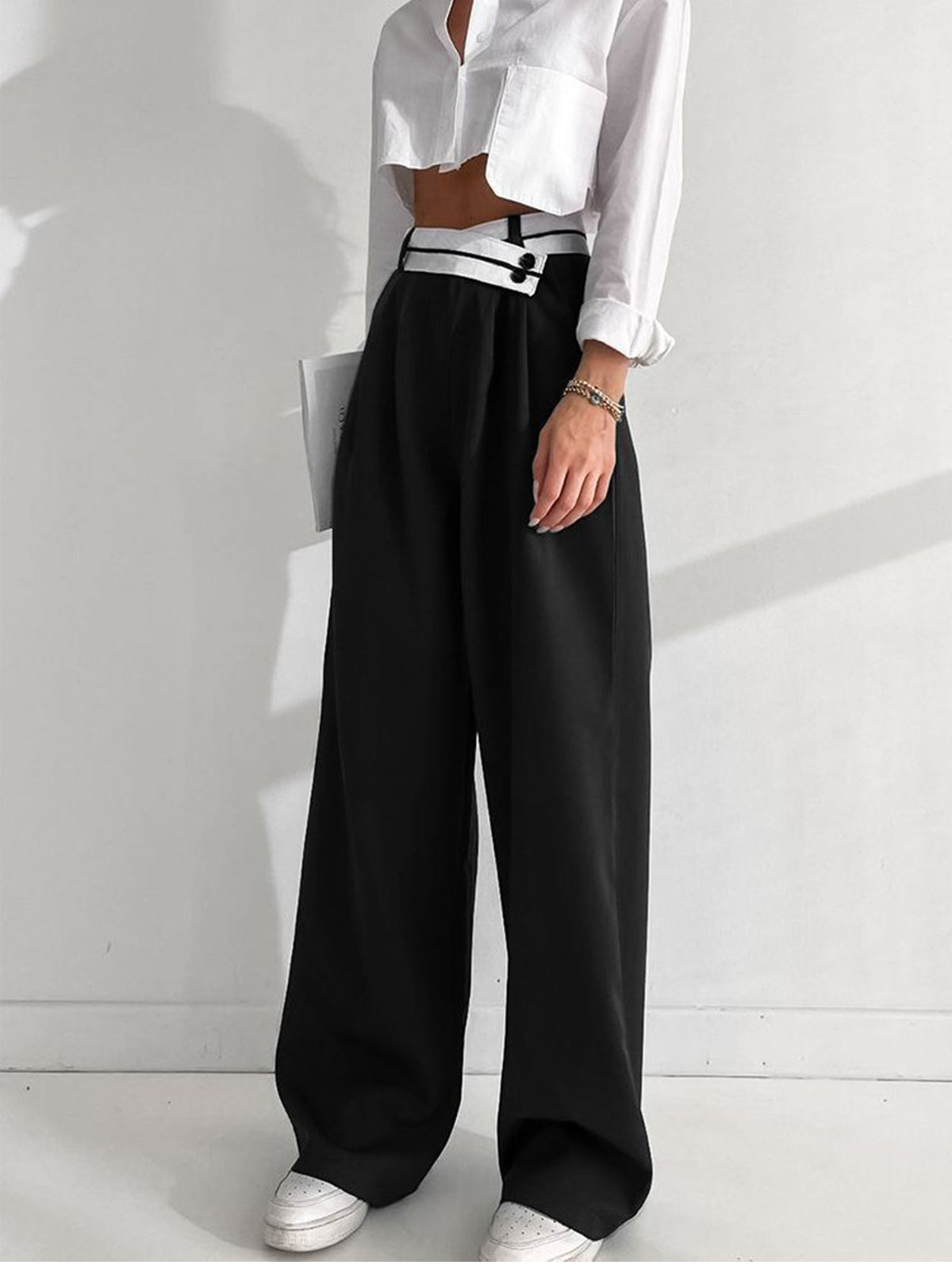 Crown Elara™ | Asymmetrical Waistband Wide Leg Trousers