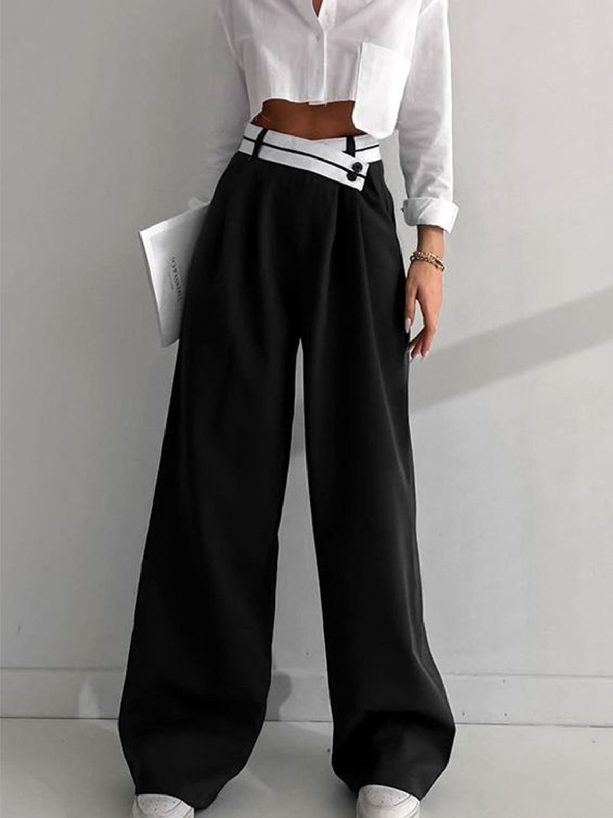 Crown Elara™ | Asymmetrical Waistband Wide Leg Trousers