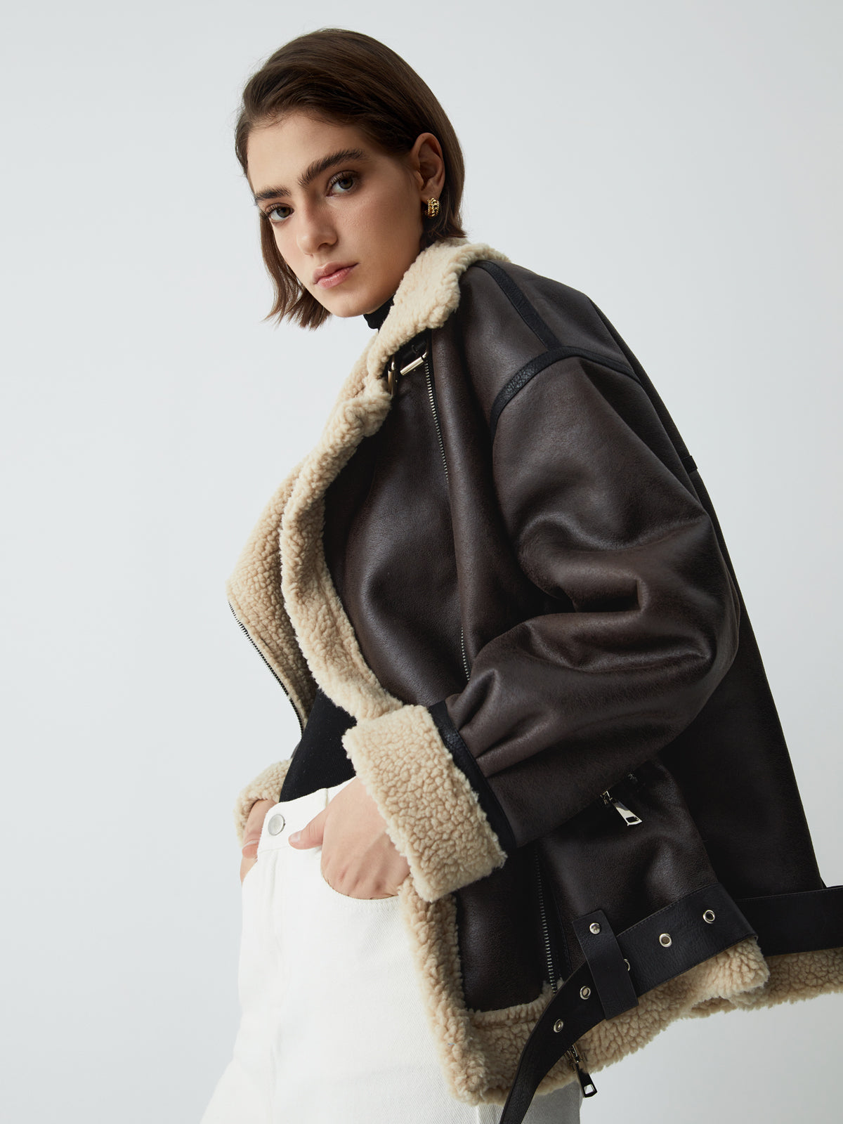 Crown Elara™ | Shearling Leather Flight Jacket