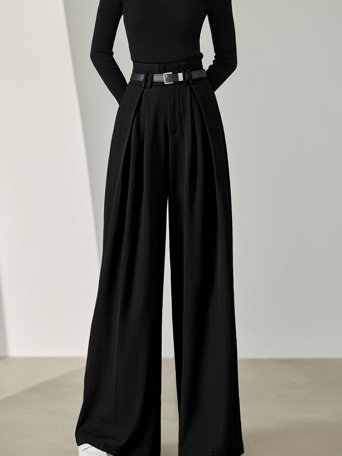 Crown Elara™ | Belted Pleated Wide Leg Trousers