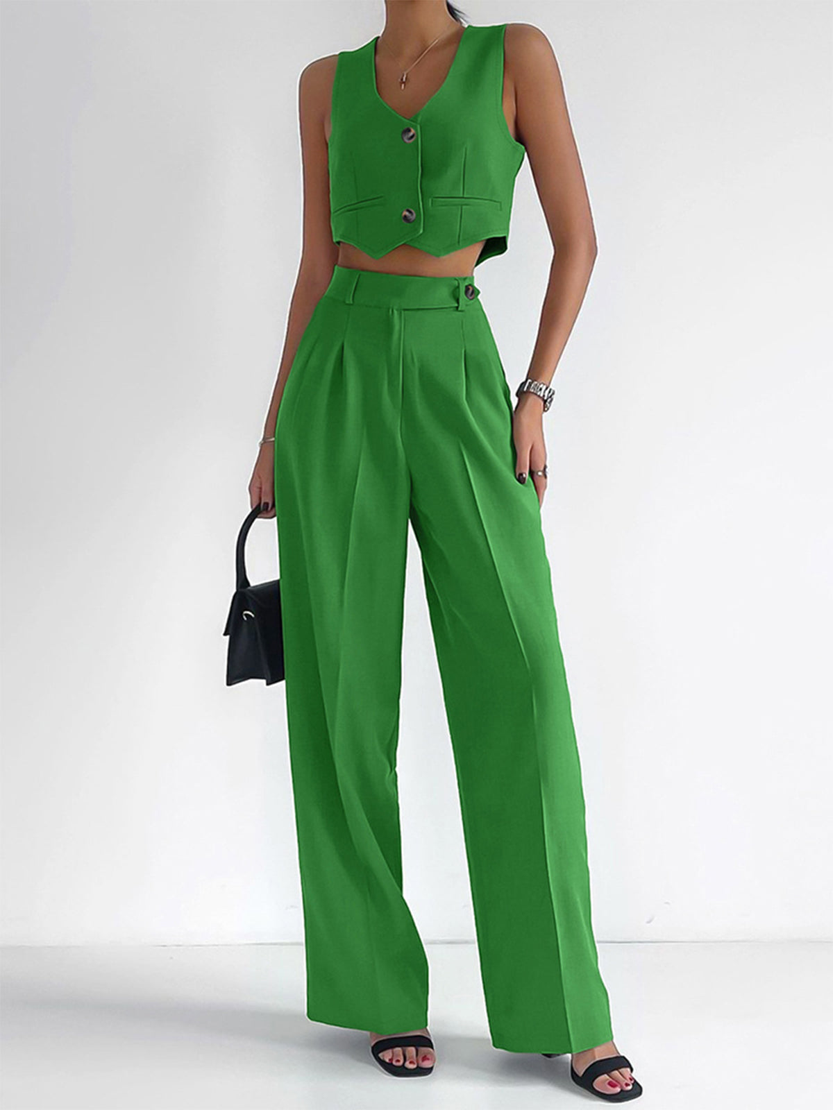 Crown Elara™ | Solid Button Front Waistcoat And Trousers Set