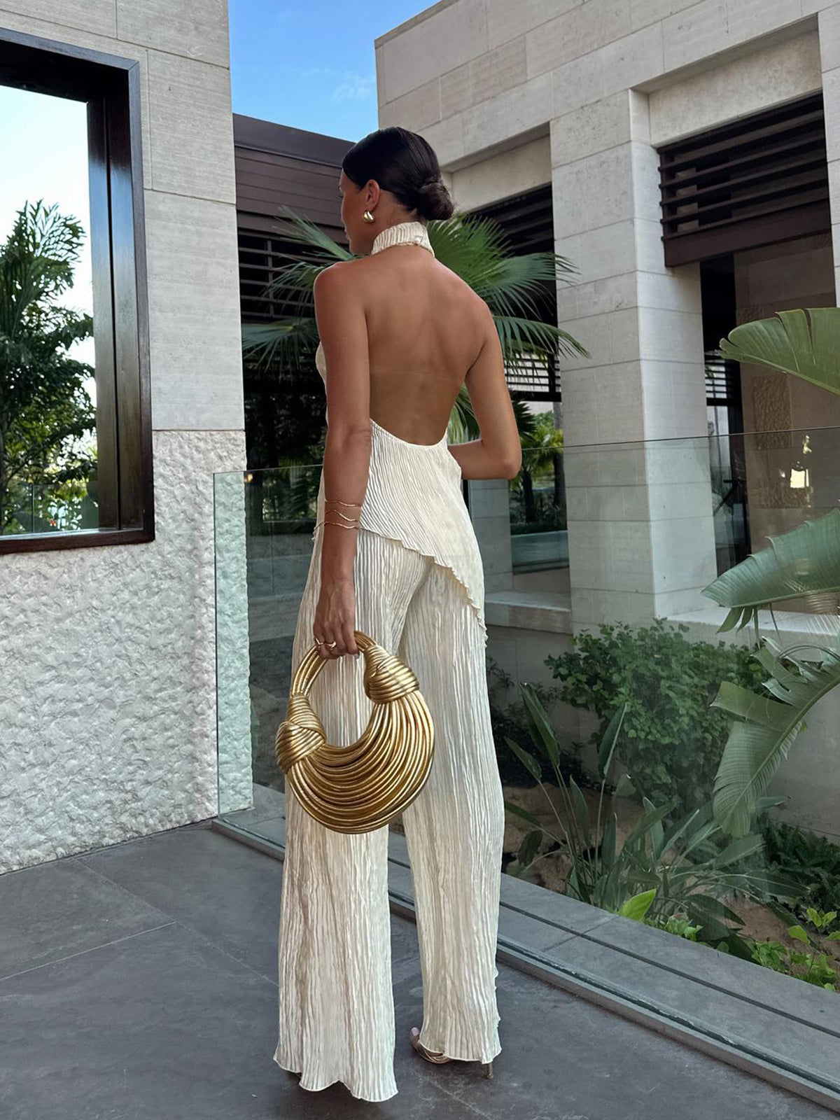 Crown Elara™ | Asymmetric Halter Crop Top And Wide Leg Trousers Set