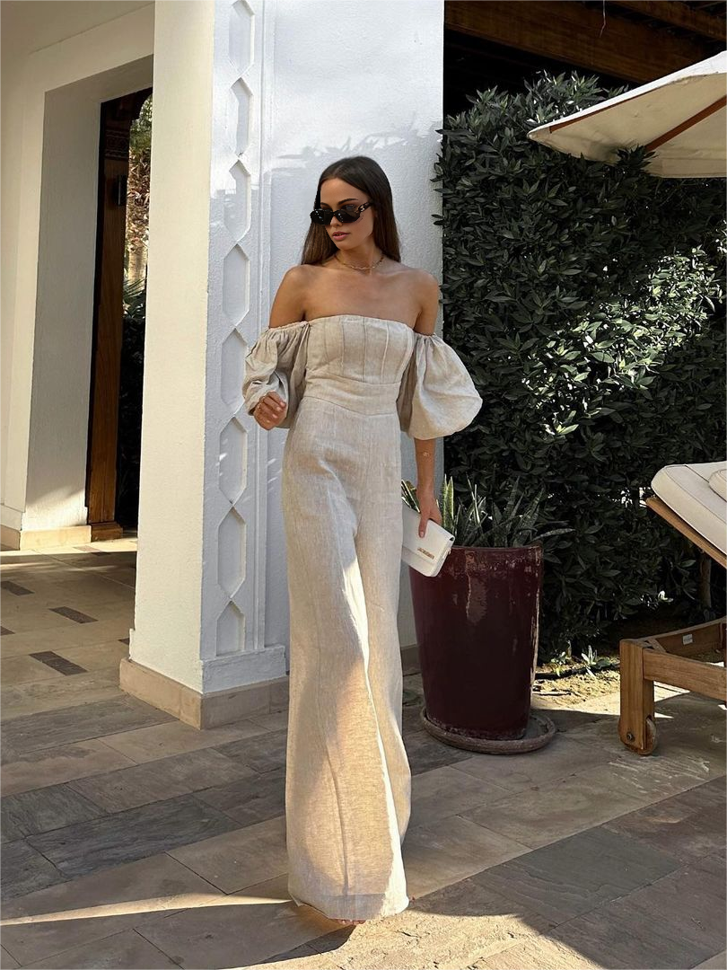 Crown Elara™ | Linen Blend Puff Sleeve Jumpsuit