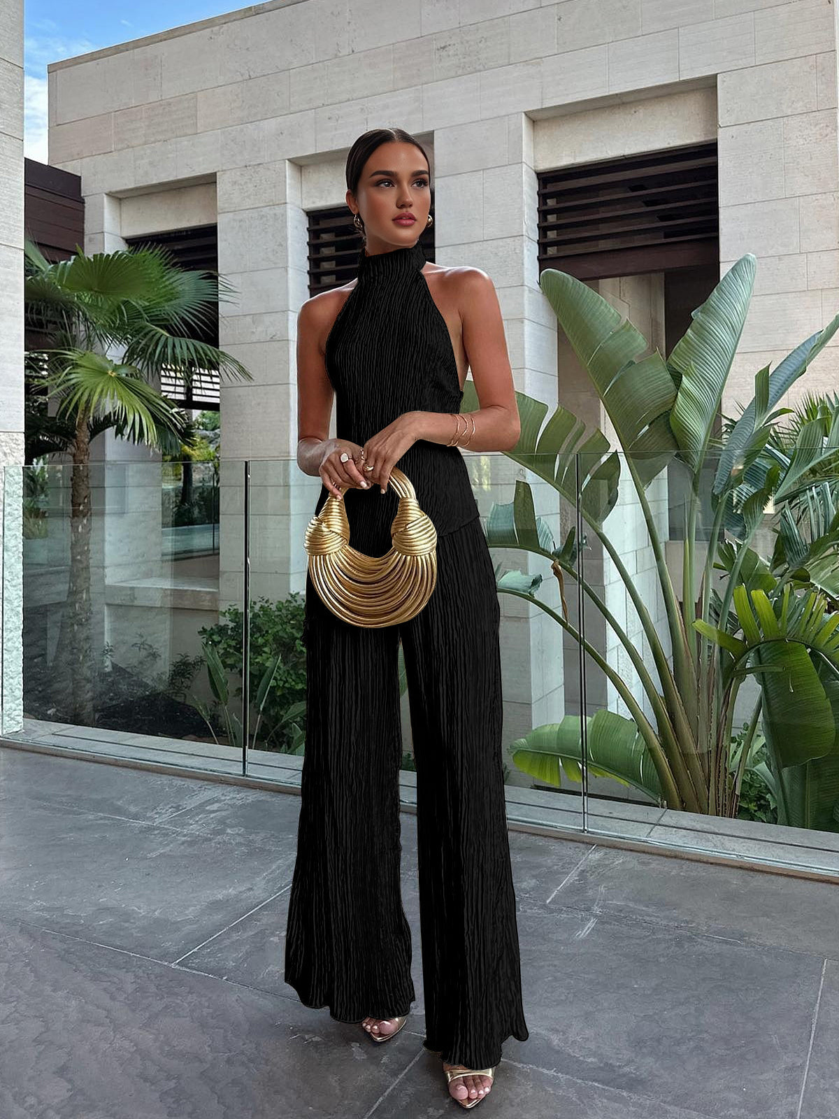 Crown Elara™ | Asymmetric Halter Crop Top And Wide Leg Trousers Set