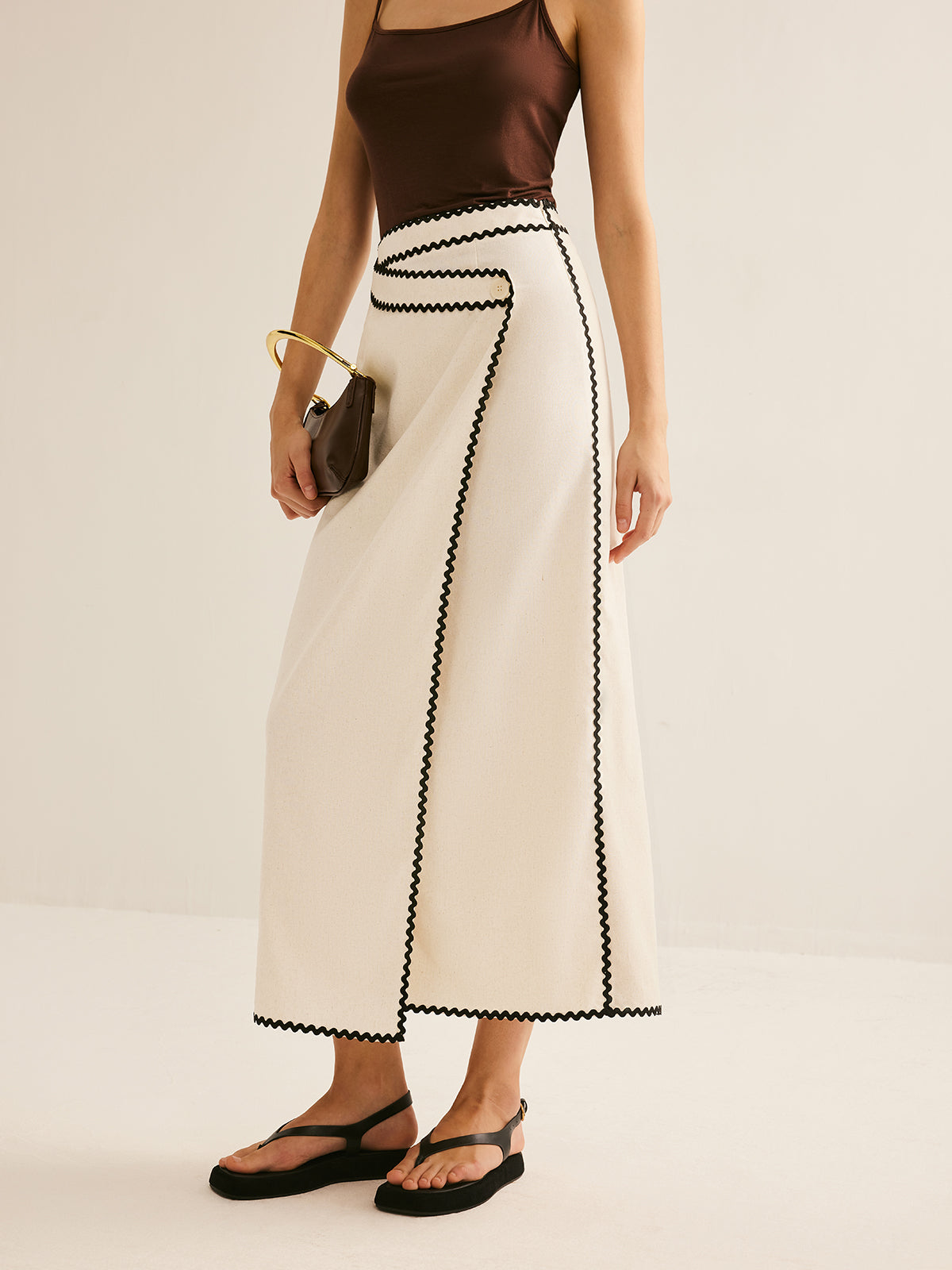 Crown Elara™ | Cotton And Linen Wave Trim Midi Skirt