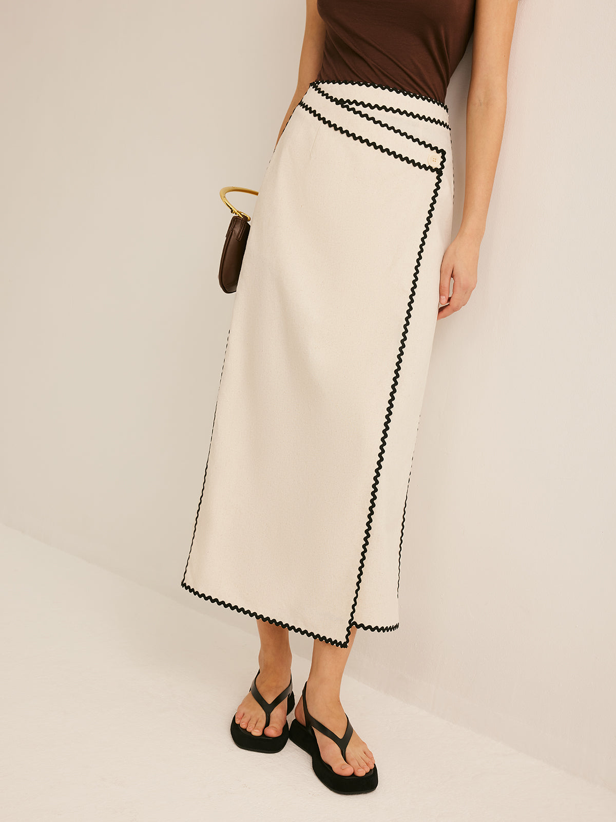 Crown Elara™ | Cotton And Linen Wave Trim Midi Skirt