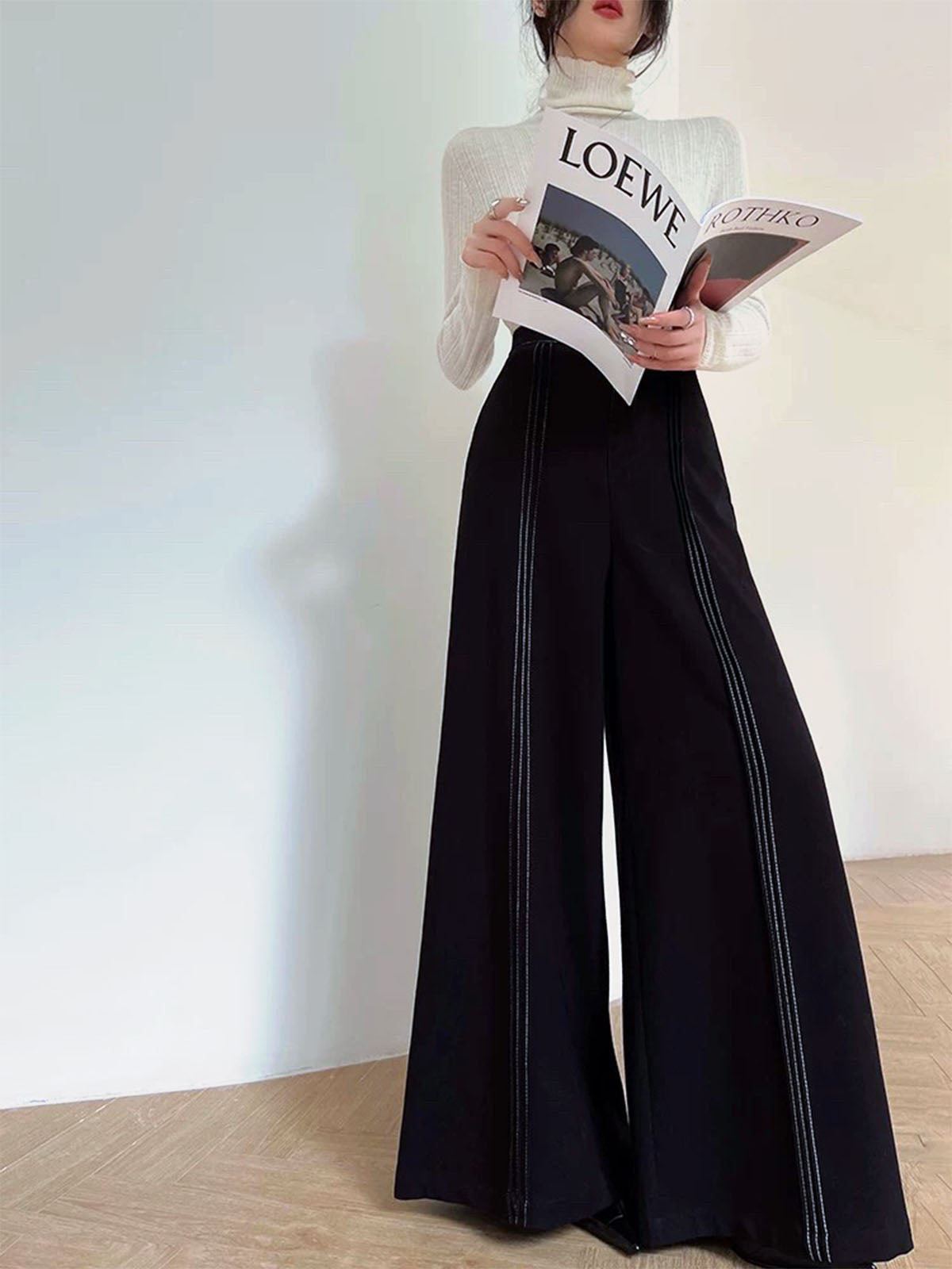 Crown Elara™ | Contrast Bars Wide-Leg Trousers