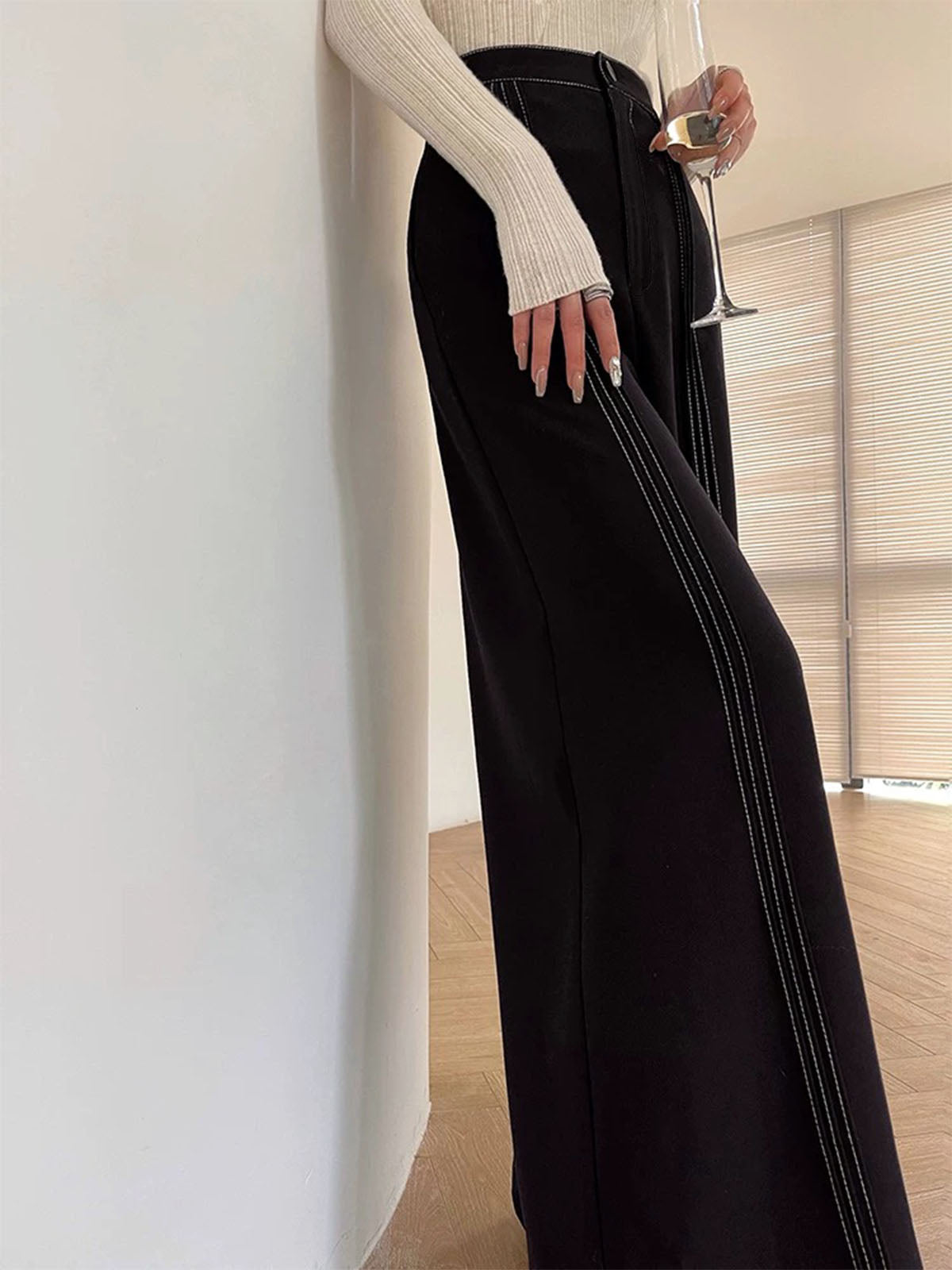 Crown Elara™ | Contrast Bars Wide-Leg Trousers