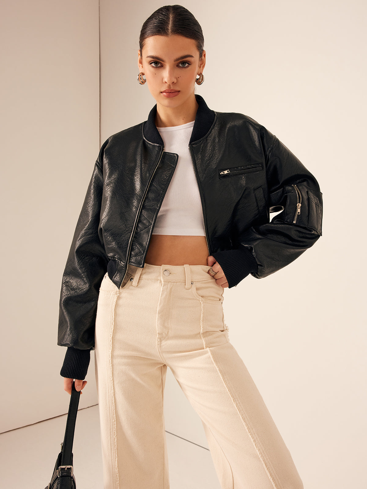 Crown Elara™ | Zip Pockets PU Leather Jacket