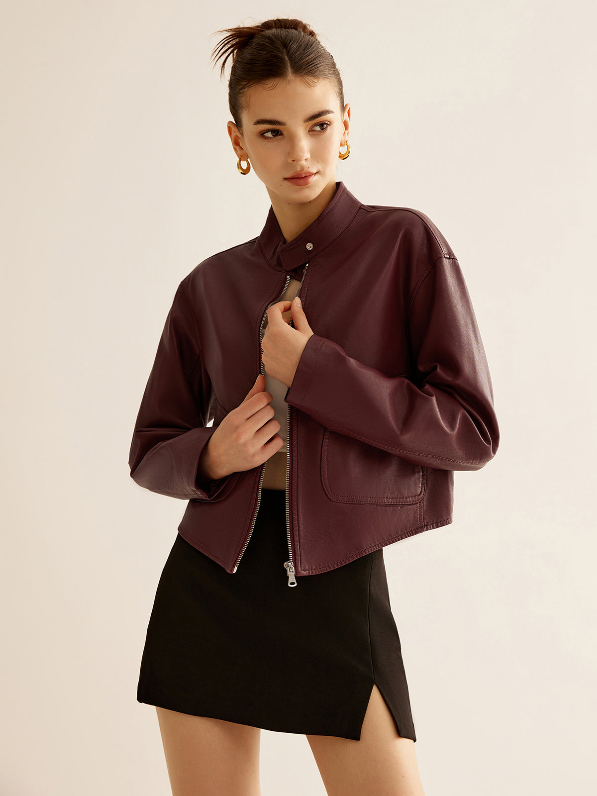 Crown Elara™ | Faux Leather Zipper Jacket