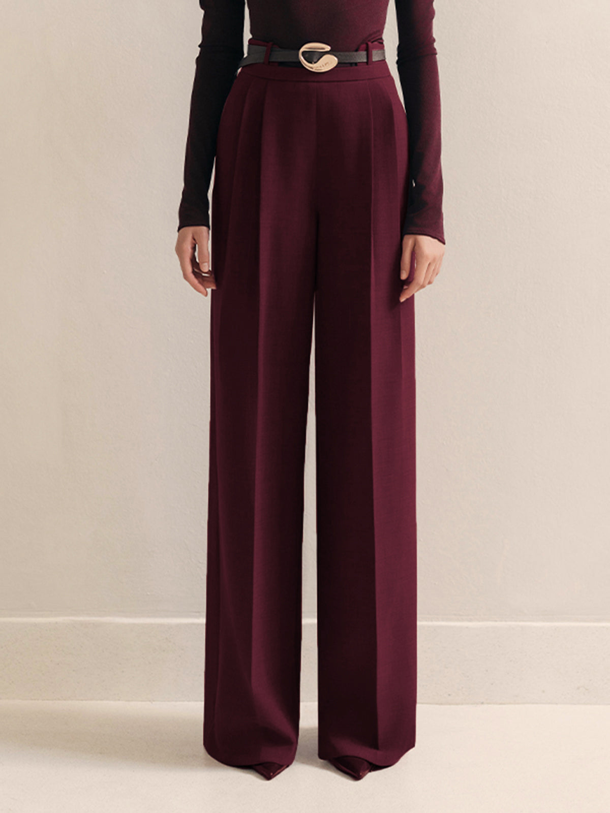 Crown Elara™ | Metal-Belt Pleated High-Waist Trousers