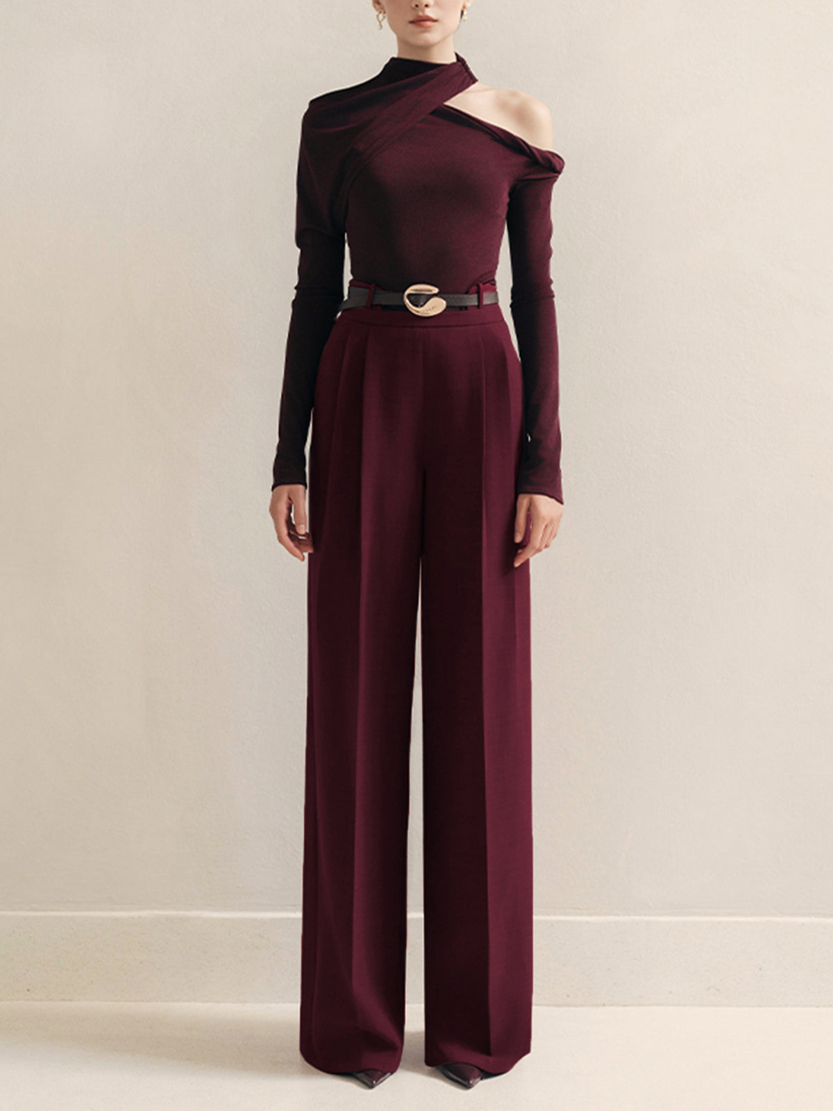 Crown Elara™ | Metal-Belt Pleated High-Waist Trousers