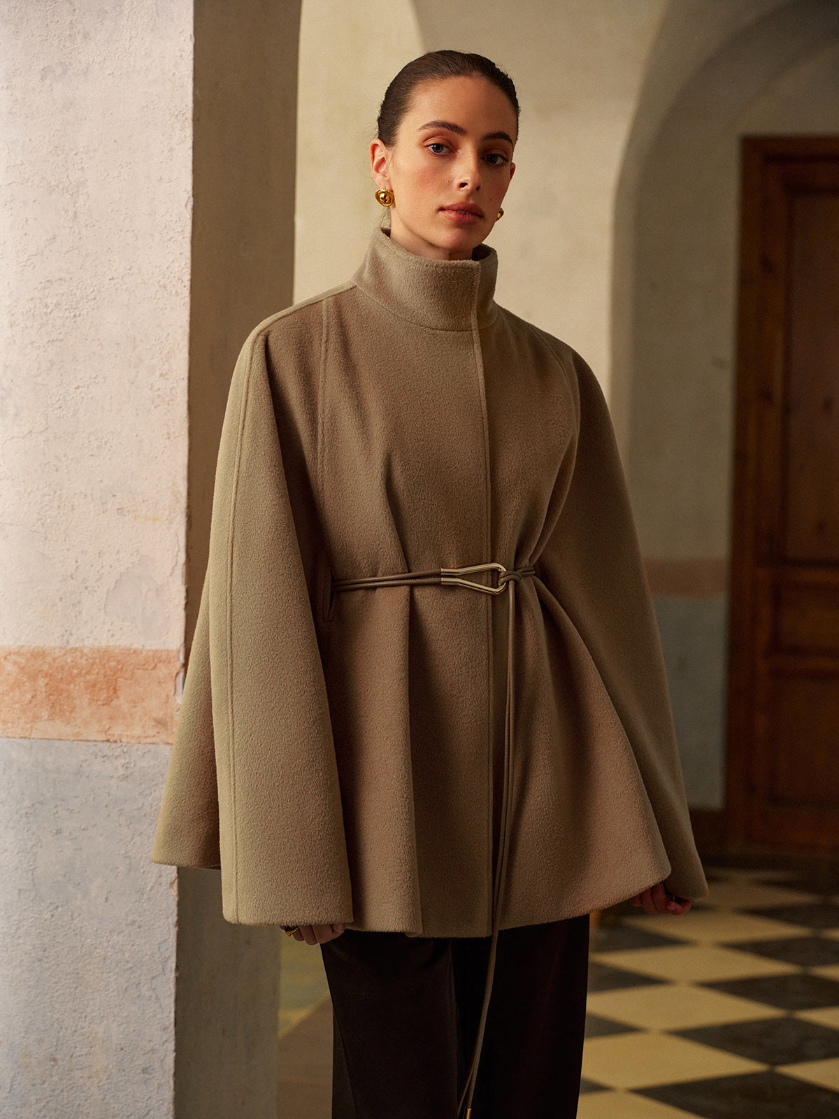 Crown Elara™ | Stand Collar Lariat Belted Cloak