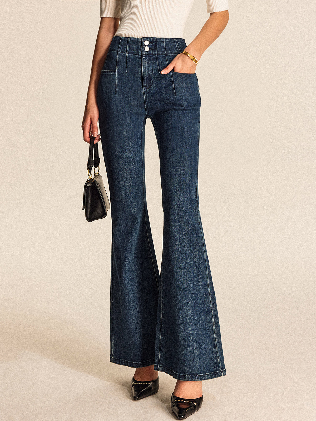 Crown Elara™ | Mid-Waisted Buttoned Flared Jeans