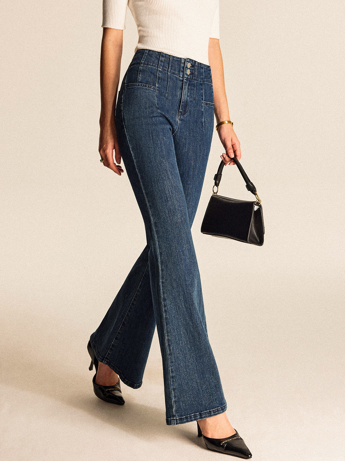 Crown Elara™ | Mid-Waisted Buttoned Flared Jeans